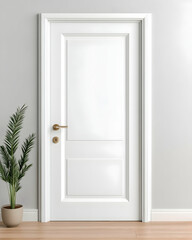 Simple white interior door with gold handle and potted plant
