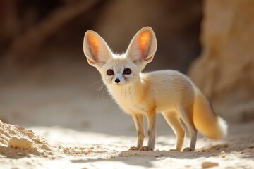 Obraz premium Fennec fox exploring a sandy desert landscape under warm sunlight during the late afternoon