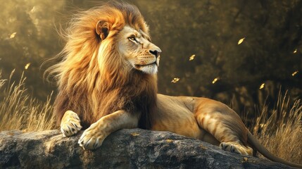 Obraz premium A majestic lion resting calmly on a rock formation with a wind-swept mane outdoors