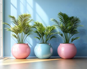 Obraz premium Stylish garden design with cute potted plants. Forest in the bedroom. Empty wall space above for text. Fresh, stylish, and natural feel. Ideal as a background for messages or home decor ads.