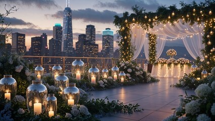 Elegant rooftop wedding ceremony with city skyline background and romantic lighting
