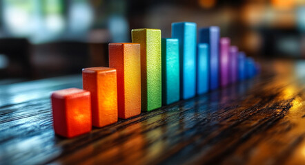 Colorful blocks in a line. Brightly colored wooden blocks are aligned on a wooden surface, creating a vibrant visual display that catches the eye.