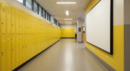 A vibrant school hallway, bathed in sunlight, with rows of cheerful yellow lockers and a large blank whiteboard, ready for new ideas and bright futures.