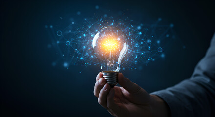 Hand Holding Glowing Light Bulb with Network Connection in a Dark Blue Background Represents Innovative Business Ideas