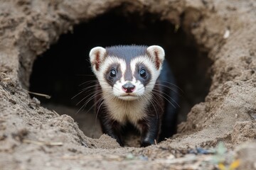 Fototapeta premium Ferret emerging from a burrow in a natural habitat during daylight hours