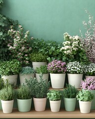 Stylish garden design with cute potted plants. Forest in the bedroom. Empty wall space above for text. Fresh, stylish, and natural feel. Ideal as a background for messages or home decor ads.