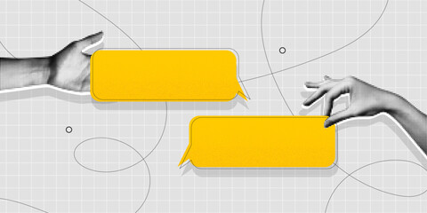 Trendy Halftone Collage with Hands holding two yellow speech bubble messages. Social media communication. Empty space for quote, plan and idea. Dots element. Contemporary vector illustration art