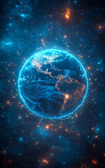 Obraz premium Beautiful night view of Earth from space. Earth's city lights shine against a vibrant cosmic backdrop, highlighting a stunning nighttime view of the planet.