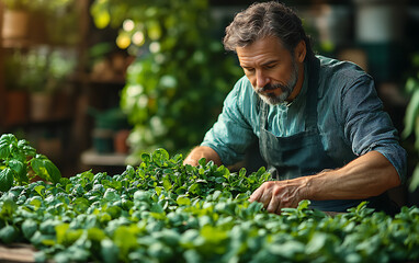 Herbalist Sorting Fresh Medicinal Herbs in Natural Light  

