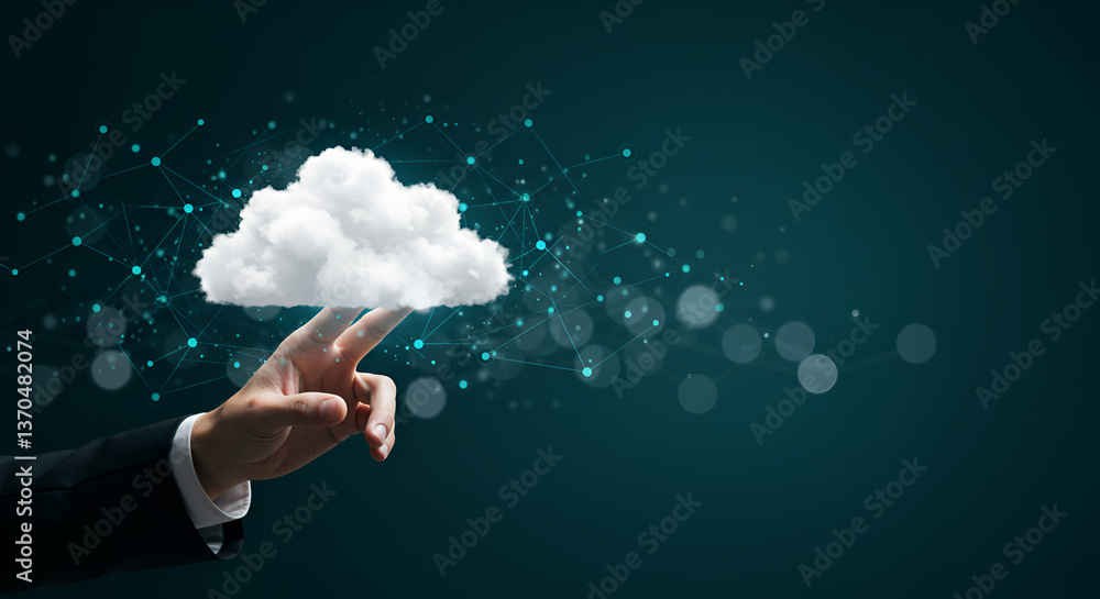 Poster man hand touching white cloud with digital connection over teal background for cloud computing and d