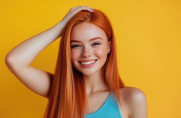 Fototapeta premium A young woman with straight red hair, smiling and touching her long blonde locks against an isolated blue background