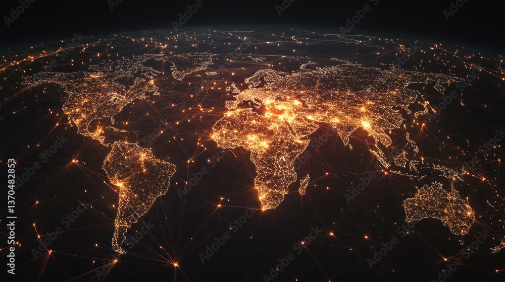 Poster global network, illuminated world map