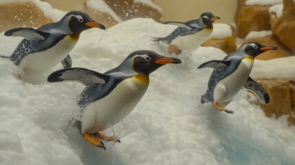 Penguins leaping playfully in artificial snowy habitat