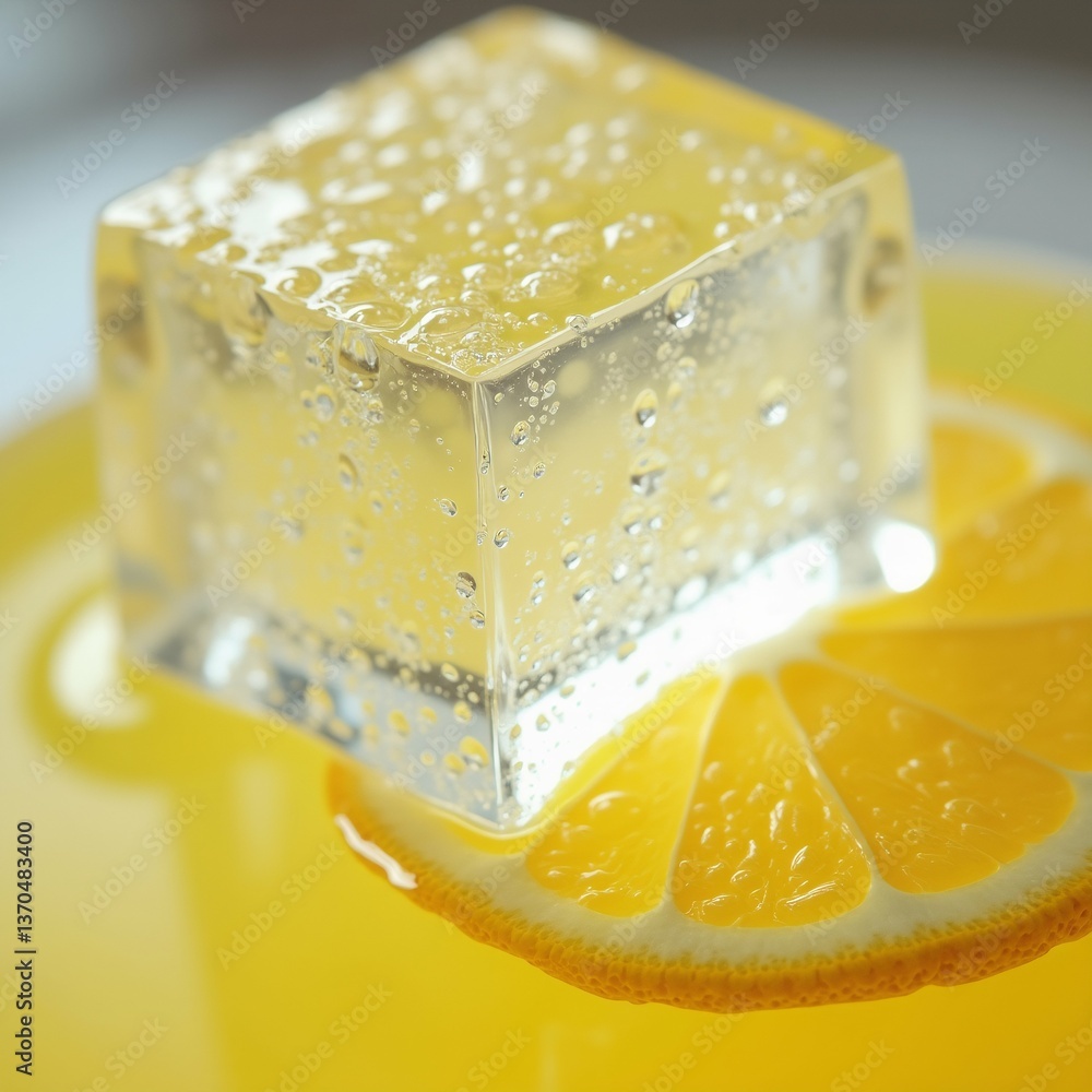 Poster close square shaped ice cube yellow plate ice cube covered small droplets water giving sparkling app