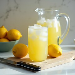glass lemonade wooden cutting board knife next glass filled bright yellow liquid has ice cubes next glass pitcher same yellow liquid countertop few lemons bowl lemons background white marble