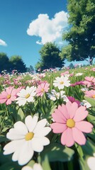 Colorful field of flowers stretching to the horizon under a bright blue sky filled with fluffy clouds