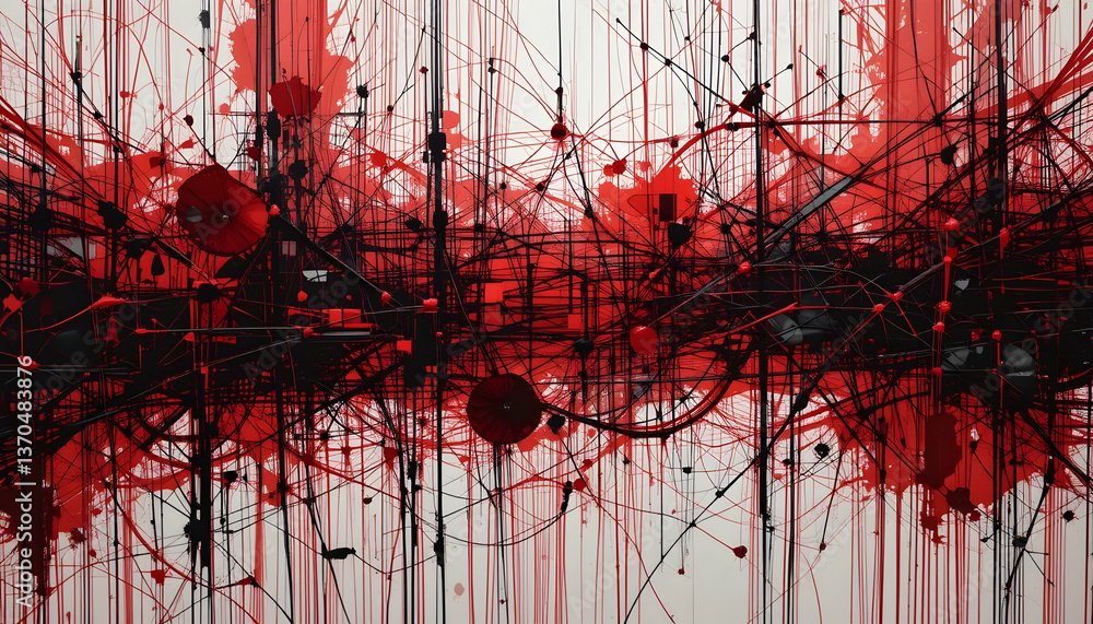 Aufkleber abstract red and black interconnected lines and splatters on white background digital art design ele