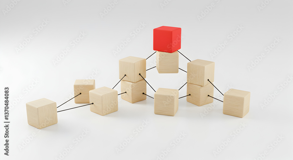 Poster red cube dominating wooden block network on white background conceptual abstraction