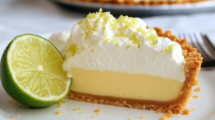 Creamy lime pie slice with whipped cream, zest, and lime