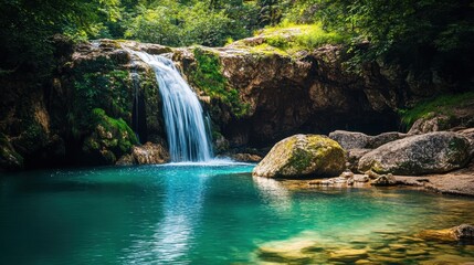 Fototapeta na wymiar Tropical rainforest waterfall cascading into a crystal-clear pool, representing purity and ecological harmony