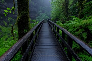 Weathered Metal and Wooden Boardwalk in Misty Tropical Rainforest Surrounded by Vibrant Green Ferns, Moss-Covered Rocks, and Towering Ancient Trees