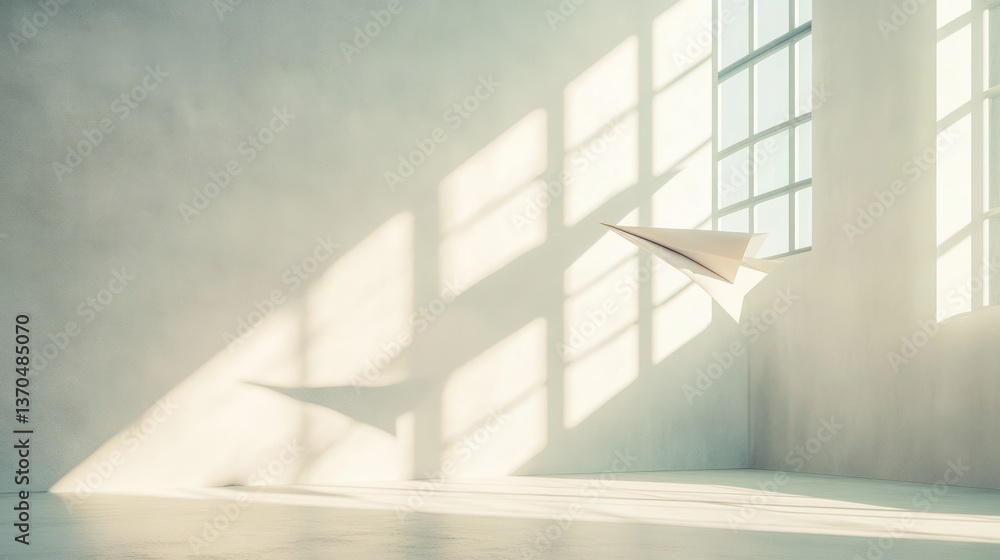 Aufkleber a paper airplane flying in a spacious, minimalistic room with a large window allowing soft light to 