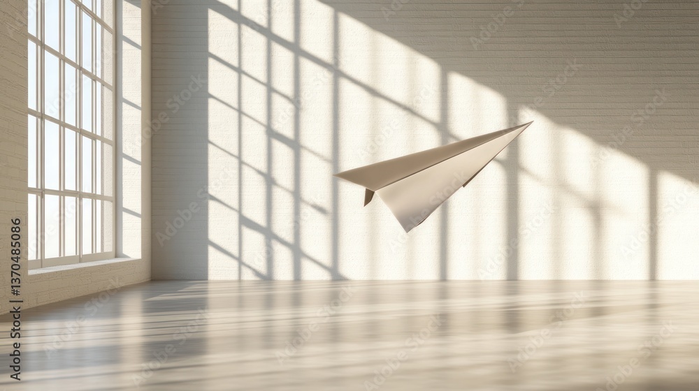 Poster a paper airplane flying in a spacious, minimalistic room with a large window allowing soft light to 