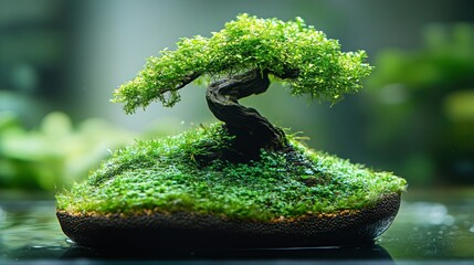 Miniature bonsai tree on a moss-covered base
