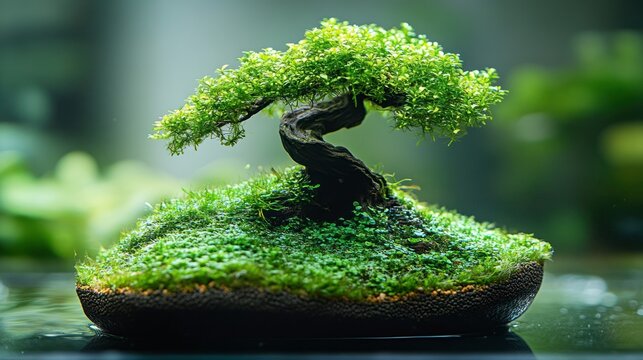 Miniature bonsai tree on a moss-covered base