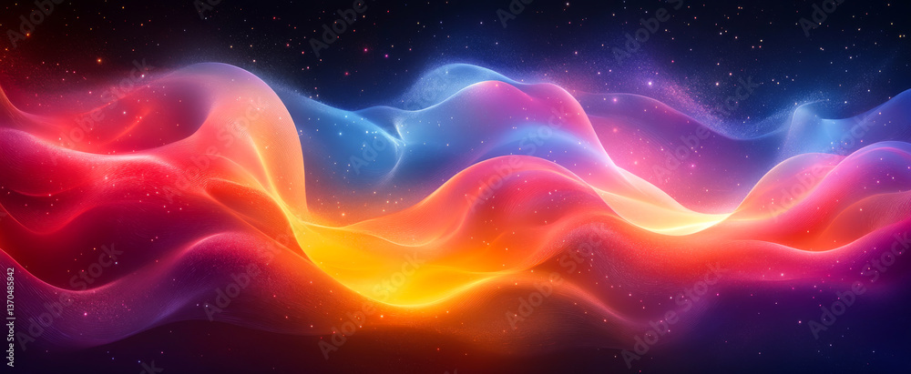 Poster vibrant waves in cosmic light. vibrant waves of color flow smoothly against a dark cosmic backdrop f