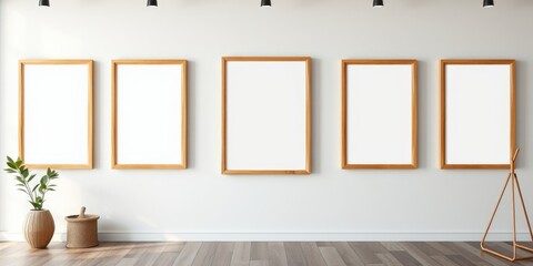 Fototapeta premium Modern minimalist interior with five blank wooden frames for artwork or photography