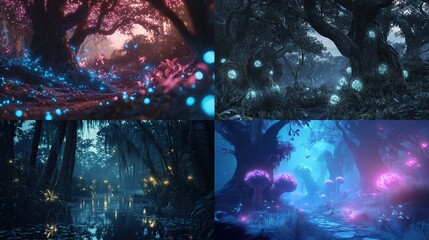 Fototapeta premium Four enchanting fantasy forest scenes with glowing flora.