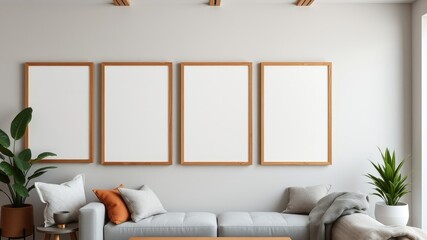 Modern living room interior with four empty picture frames above a light grey sofa