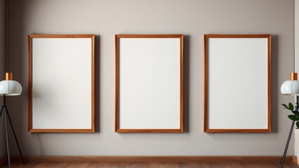 Modern Minimalist Triptych Mockup Three Blank Canvas Frames on Neutral Wall with Floor Lamps and Plant