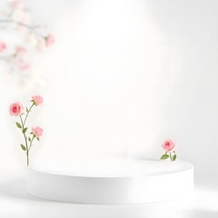 Subtle Elegance: White and Rose Product Podium With Soft Focus Floral Aesthetics