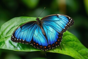 Vibrant blue butterfly perched on green leaf in tropical garden during daylight hours