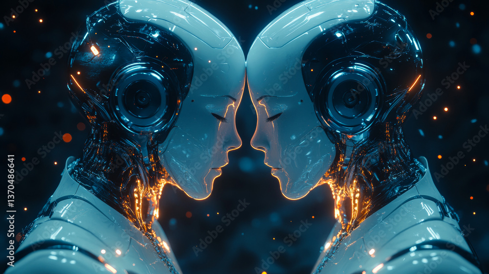 Poster high-tech design in robots. two humanoid robots face each other, showcasing intricate details and gl