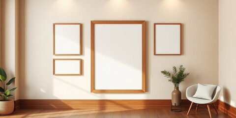 Modern minimalist living room interior design with blank frames and comfortable armchair