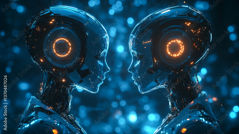 Poster robots hold silent talks. two humanoid robots face each other, illuminated by glowing lights, creati