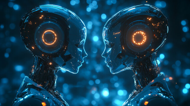 Robots hold silent talks. Two humanoid robots face each other, illuminated by glowing lights, creating a striking technological atmosphere.