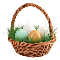 3d basket with grass and eggs, easter illustration on transparent png background