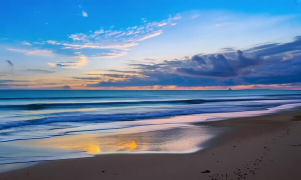 A serene beach scene at sunset with dramatic, towering clouds reflecting on the wet sand. The sky transitions from blue to pink, and gentle waves roll onto the shore