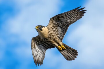 Peregrine falcon soaring in a blue sky with scattered clouds during a bright afternoon