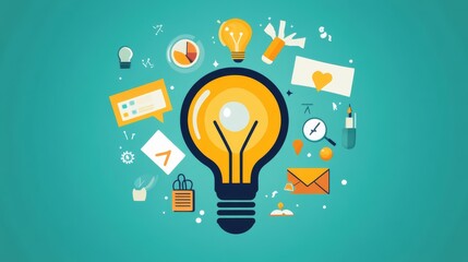 Educational growth and goal achievement concepts. Magnifying glass focuses on a light bulb representing ideas, surrounded by various education symbols. e-Learning, learning online, training course,