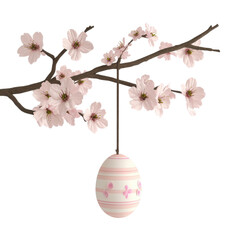 3d cherry blossom branch with easter egg hanging, easter illustration on transparent png background