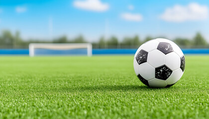 Soccer ball on green field, goal in background