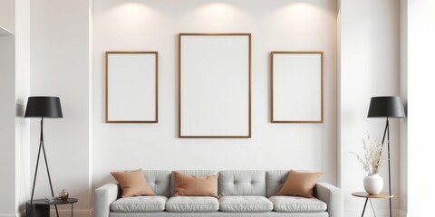 Modern living room interior with three empty picture frames above a light grey sofa and floor lamps