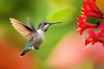 Fototapeta premium Hummingbird hovering near vibrant flowers in a garden during bright daylight