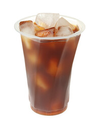Refreshing iced coffee in plastic cup isolated on white