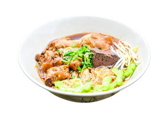 Chicken and bitter melon noodles, Thai food, served in a ceramic bowl, fragrant and delicious.